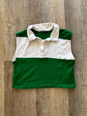 ZARA Green and White Block Short-Sleeve Polo